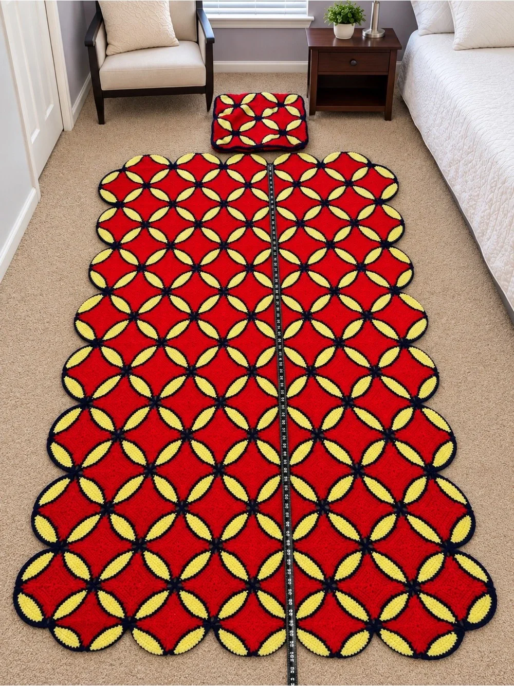 Vintage Handmade Crochet Afghan Blanket Red Yellow Navy + Matching Pillow case
